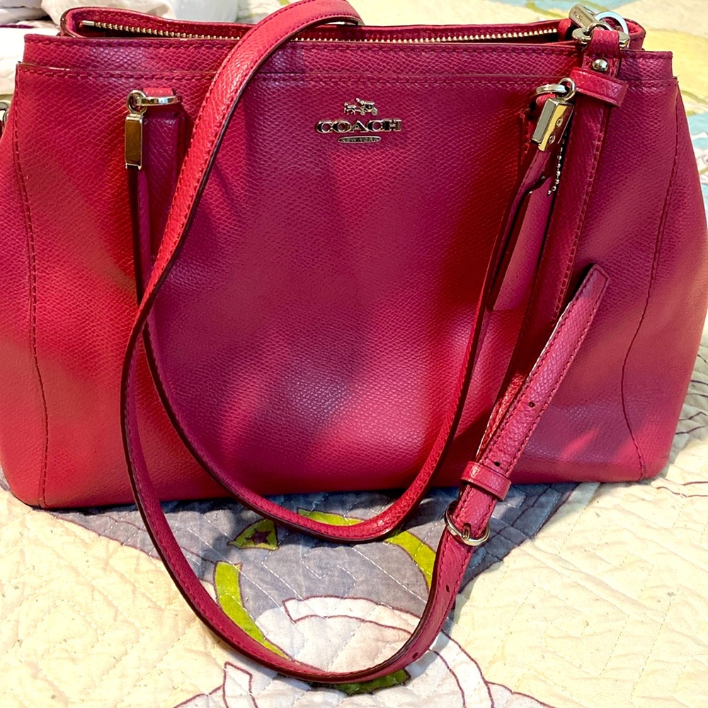 COACH Crossgrain Leather Christie Satchel Shoulder Bag F34673 Carry all Pink/Red